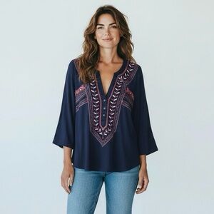 Lucky Brand Embroidered Henley Tunic Top